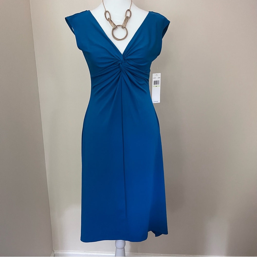 London Times Women’s Blue Teal V-Neck Midi Dress Petite NWT